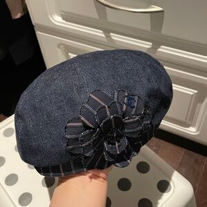 Chanel Stylish Denim Beret with Flower Accent
